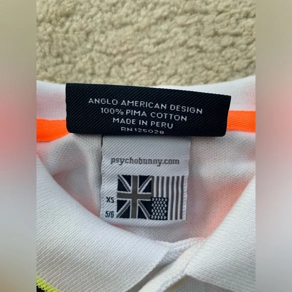 Psycho Bunny Size XS, 5/6, White Pique Polo with Neon Trim - Picture 4 of 7